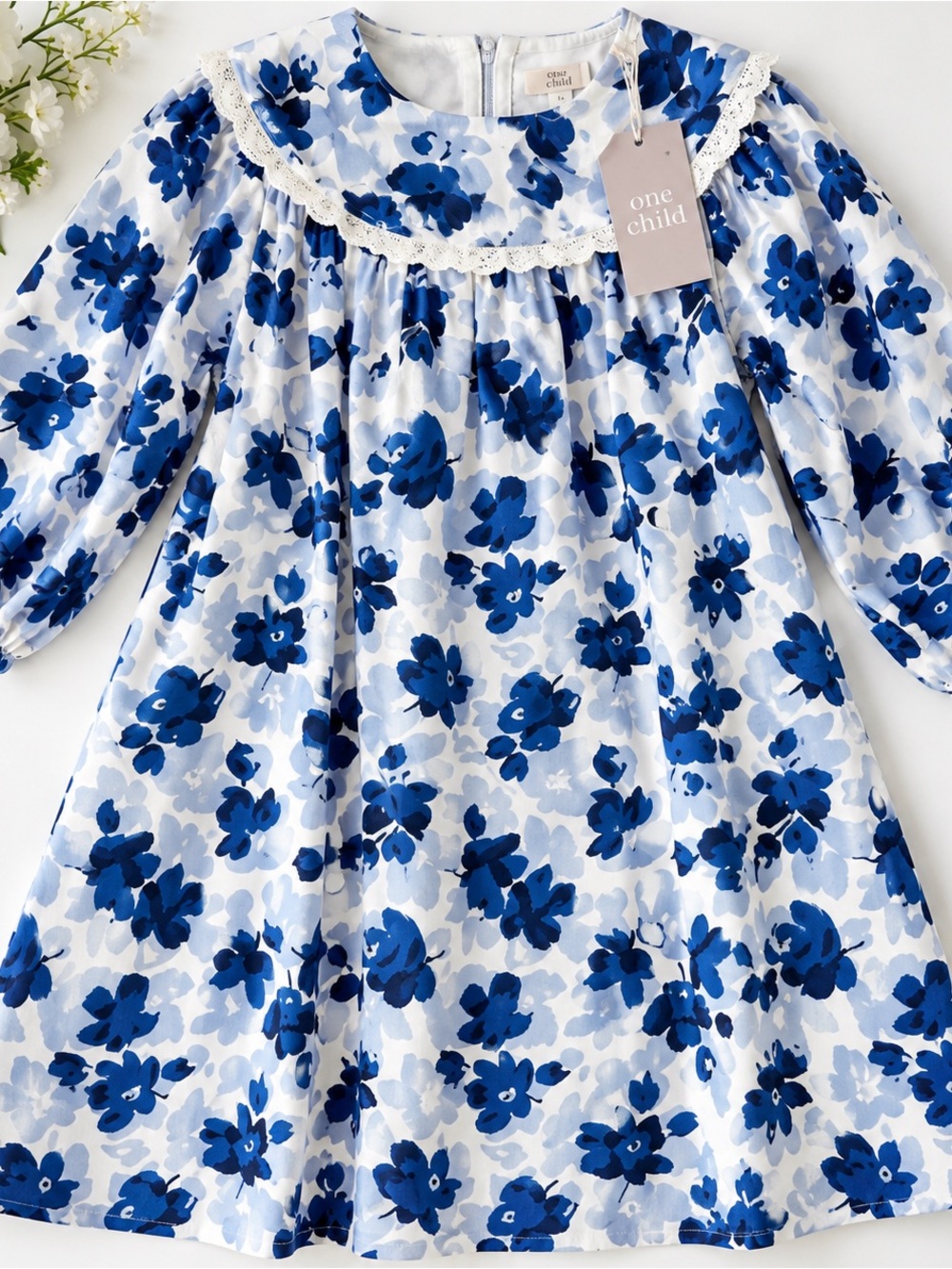 NWT One Child Girls Blue Floral Cotton Dress Lace Collar Size 14